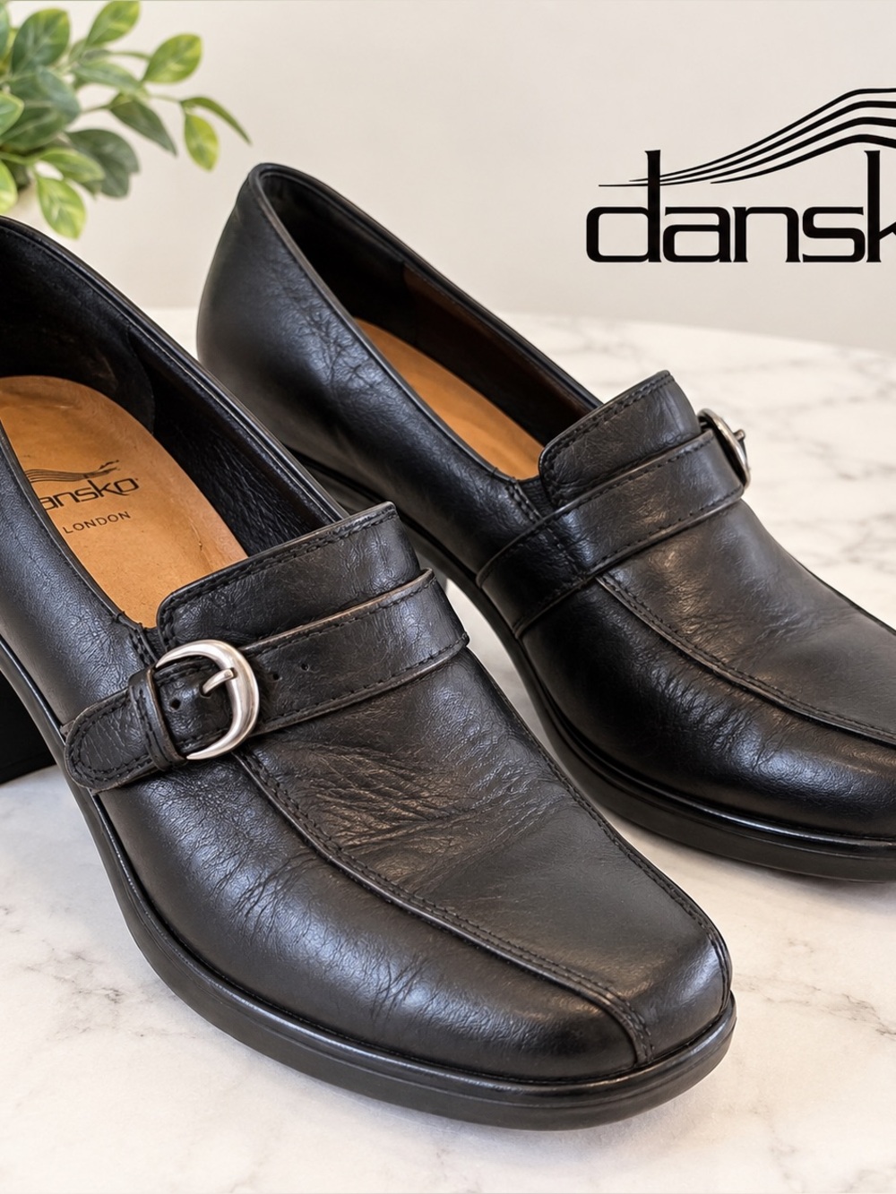 Dansko Black Leather Buckle Loafers Heels Size 40